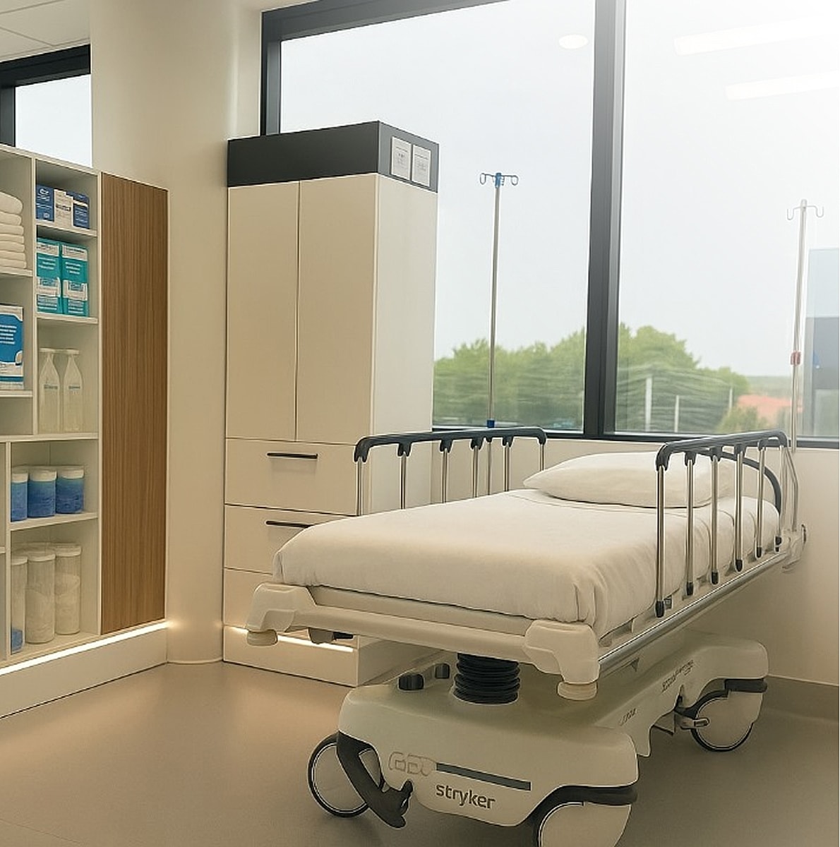 Modern hospital room with patient bed and supplies.