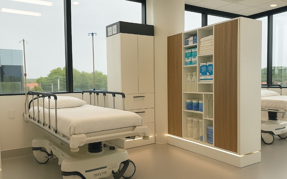 Clean hospital room with medical supplies and bed.